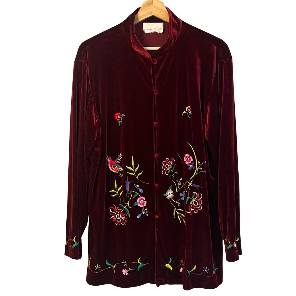 Susan Graver Womens Red Velvet Kimono Jacket Sz XL Floral Embroidered Boho Artsy